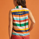 Back view of the sleeveless striped blouse featuring a box pleat detail.