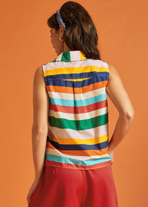 Back view of the sleeveless striped blouse featuring a box pleat detail.