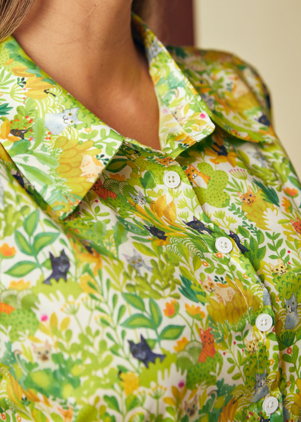 Hidden Cat Print Cotton Button-Up Blouse | ModCloth