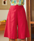 Red linen blend skort with A-line silhouette and knee-length hem shown front view