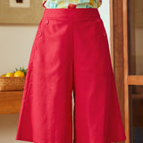 Red linen blend skort with A-line silhouette and knee-length hem shown front view