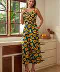 Full outfit view of sunflower print cropped palazzo pants with high waist and relaxed fit