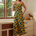Full outfit view of sunflower print cropped palazzo pants with high waist and relaxed fit