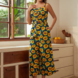Full outfit view of sunflower print cropped palazzo pants with high waist and relaxed fit