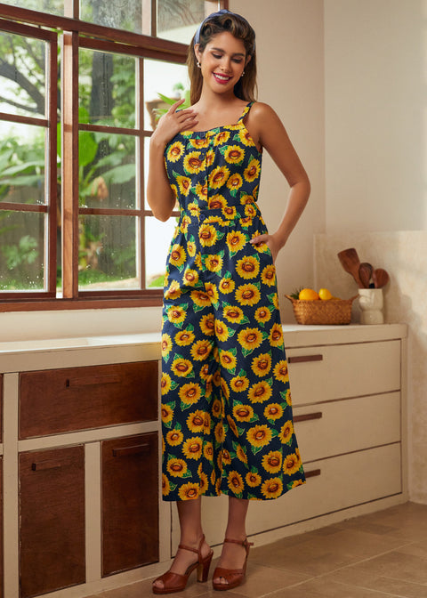 Full outfit view of sunflower print cropped palazzo pants with high waist and relaxed fit