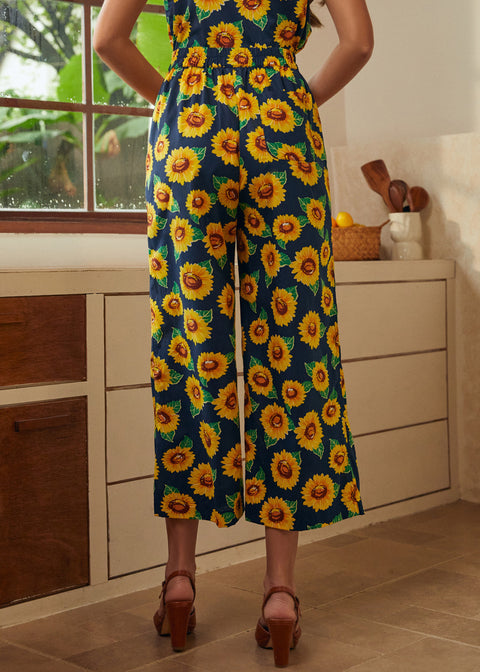 Back view of sunflower palazzo pants with elastic waistband and wide-leg silhouette