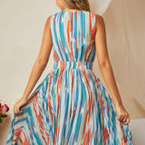 Back view of multicolor stripe dress with gathered skirt and keyhole closure