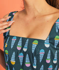 Close-up of square neckline on novelty ice cream cone dress