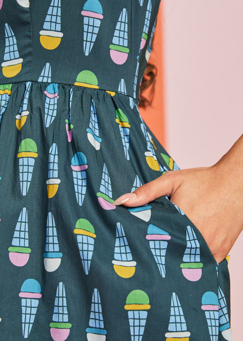 Close-up of side pocket on ice cream print cotton dress