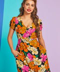 Front view of vintage-inspired floral midi dress with button front