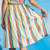 Back view of gathered pastel stripe skirt with elasticized waistband