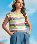 Woman wearing retro-inspired striped crop top with relaxed fit and cap sleeves
