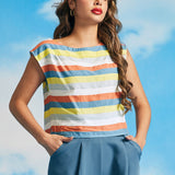 Woman wearing retro-inspired striped crop top with relaxed fit and cap sleeves