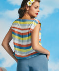Back view of pastel stripe boatneck top with cap sleeves and relaxed silhouette