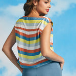 Back view of pastel stripe boatneck top with cap sleeves and relaxed silhouette