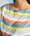 Close-up of vintage-inspired pastel stripe woven top with boat neckline and cap sleeves