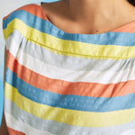 Close-up of vintage-inspired pastel stripe woven top with boat neckline and cap sleeves