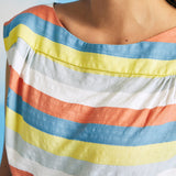 Close-up of vintage-inspired pastel stripe woven top with boat neckline and cap sleeves