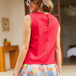 Back view of sleeveless top with keyhole button closure detail