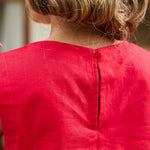 Close-up of back neckline showing keyhole and button closure