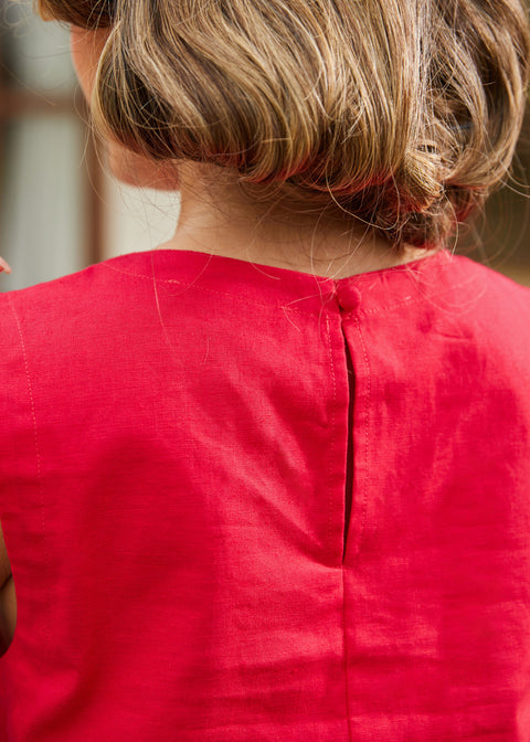 Close-up of back neckline showing keyhole and button closure
