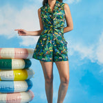 Woman posing in retro-inspired tropical print cotton shorts with relaxed fit