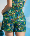 Back view of tropical print cotton shorts with elastic waistband