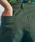 Close-up of back patch pocket detail on linen blend utility shorts