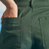 Close-up of back patch pocket detail on linen blend utility shorts