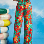 Back view of tropical floral palazzo trousers with elasticized waistband