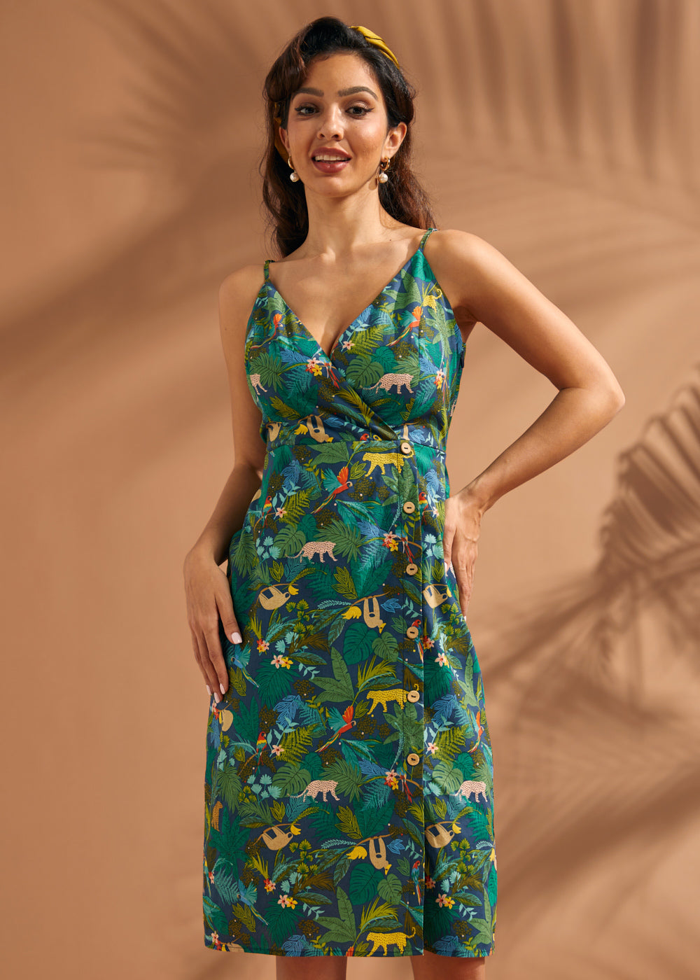 Jungle Print Cotton Faux Wrap Midi Dress with Pockets – ModCloth