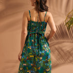 Back view of jungle print dress with smocked panel and self-tie waist sash.