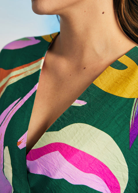 Close-up of V-neckline and textured fabric on retro botanical maxi caftan