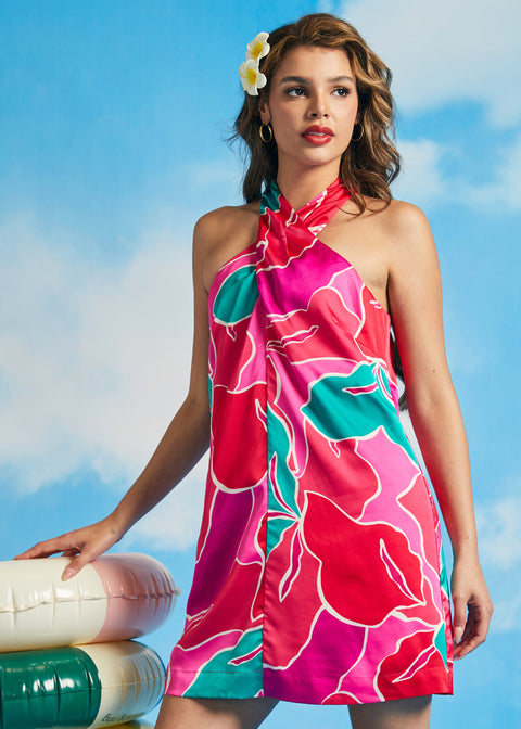 Resort to Drama Halter Dress in Hibiscus Punch, Size S