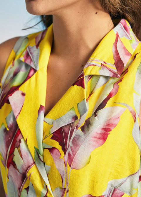Close-up of notched collar neckline on yellow tropical print wrap dress