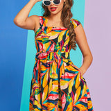 Woman wearing retro-inspired tropical print mini dress with matching belt and pockets