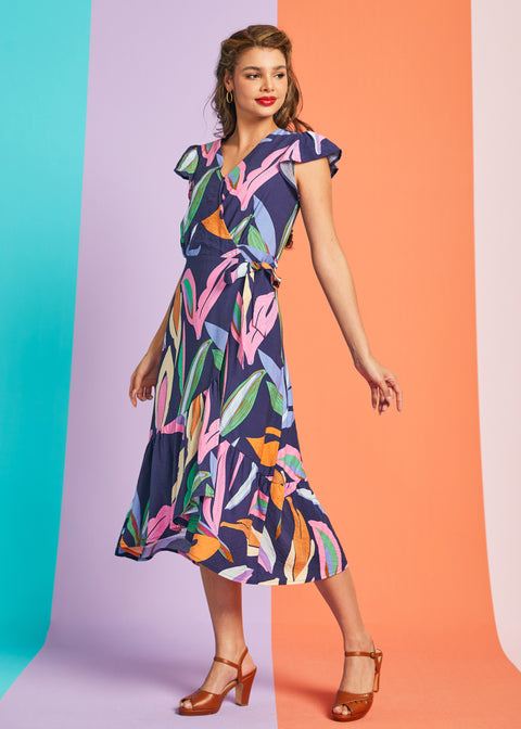 The Brushstroke Breeze Wrap Dress in Tropic Cool, Size 2X