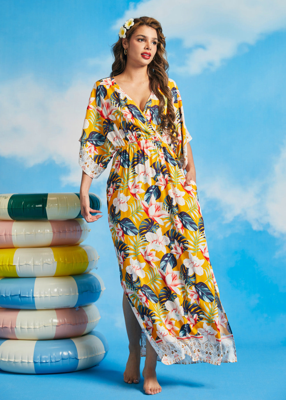 Full-length view of tropical floral viscose maxi dress with kimono sleeves