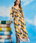 Full-length view of tropical floral viscose maxi dress with kimono sleeves