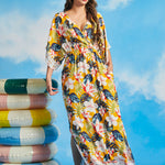 Full-length view of tropical floral viscose maxi dress with kimono sleeves