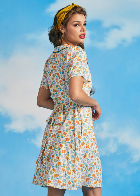 Back view of novelty sardine print mini dress with removable waist tie