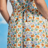 Back tie waist detail on novelty fish print vintage-inspired dress