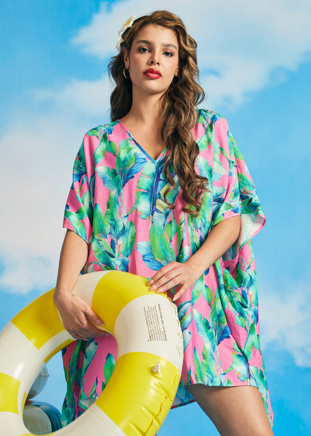 Flowy tropical caftan cover-up with high-low hem and oversized resort silhouette