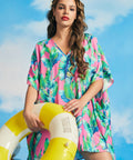 Flowy tropical caftan cover-up with high-low hem and oversized resort silhouette