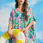 Flowy tropical caftan cover-up with high-low hem and oversized resort silhouette