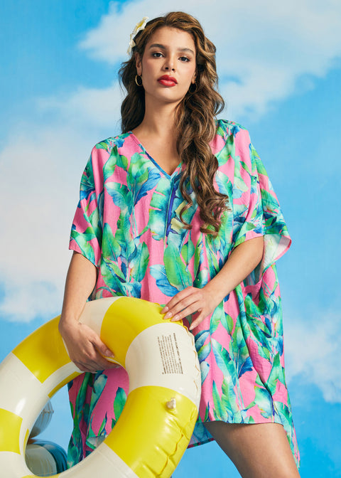 Flowy tropical caftan cover-up with high-low hem and oversized resort silhouette