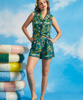 Full-length view of tropical jungle print tie-front shirt with matching shorts