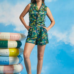 Full-length view of tropical jungle print tie-front shirt with matching shorts