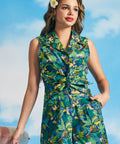 Front view of tropical jungle print sleeveless shirt paired with matching shorts