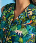Close-up of convertible collar on tropical novelty print cotton shirt